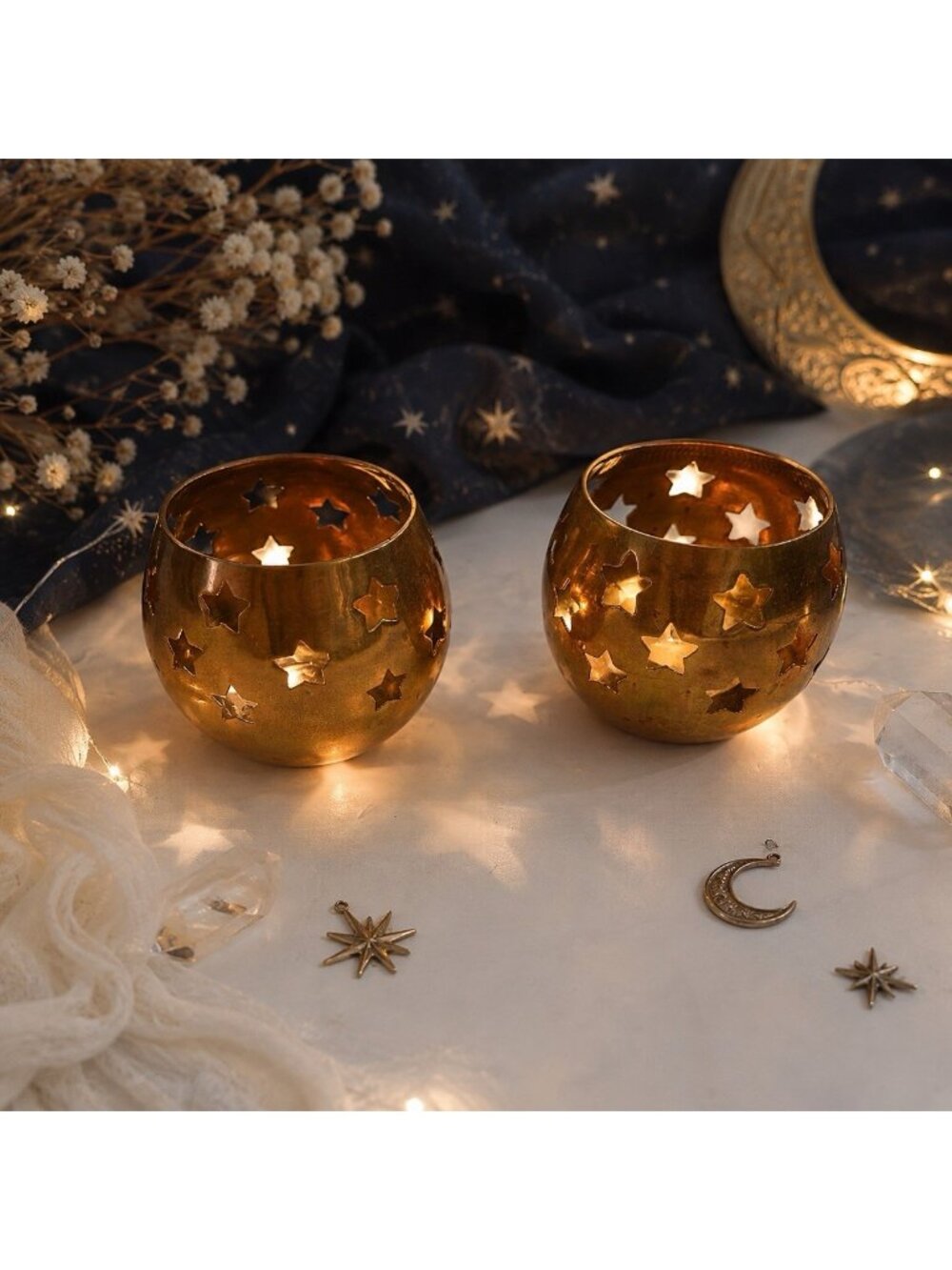 Vintage Set of 2 Brass Celestial Star Cutout Candleholders Goldtone Votive India